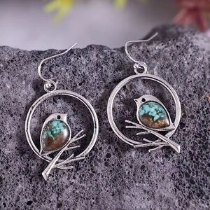 Vintage Silver Bird Earrings with Turquoise Accents